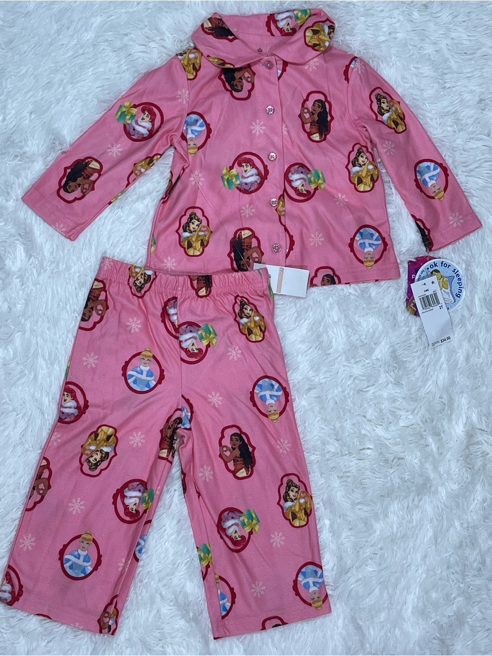 Disney Girls Pink Princess Button-Front long sleeve Pajama Set size 2T NWT